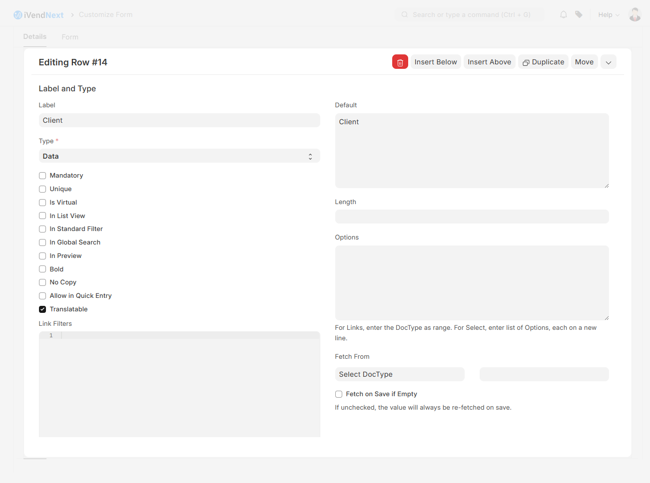 Customize Form - Customer Fields - Client - Data